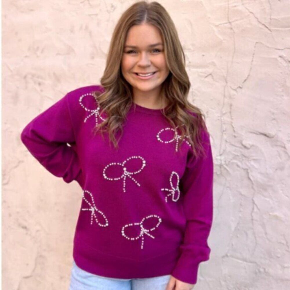 Magenta Crew neck Knit Causal Sweater with Pearl and Rhinestone Bows L